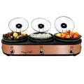 MegaChef Triple 2.5 Quart Slow Cooker and Buffet Server in Brushed Copper and Black Finish with 3 Ceramic Cooking Pots and Removable Lid Rests.