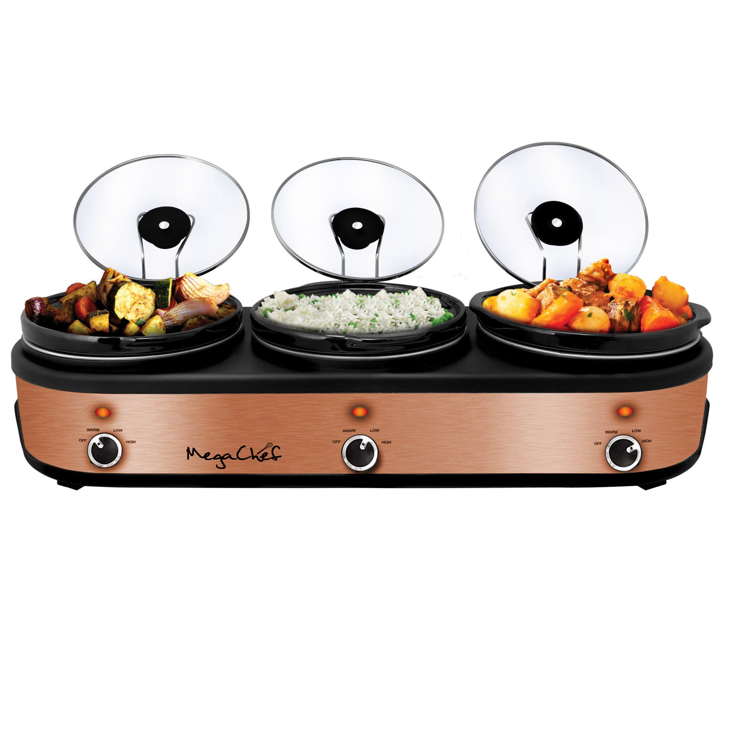 MegaChef Triple 2.5 Quart Slow Cooker and Buffet Server in Brushed Copper and Black Finish with 3 Ceramic Cooking Pots and Removable Lid Rests.