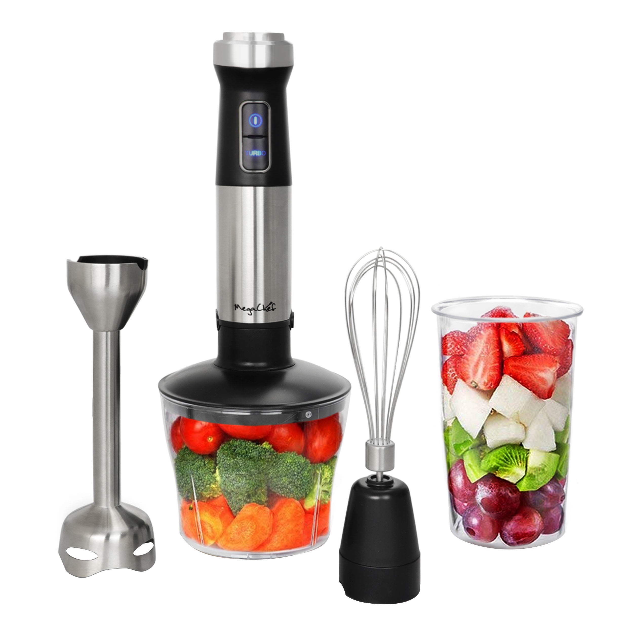 MegaChef 4 in 1 Multipurpose Immersion Hand Blender With Speed Control and Accessories.