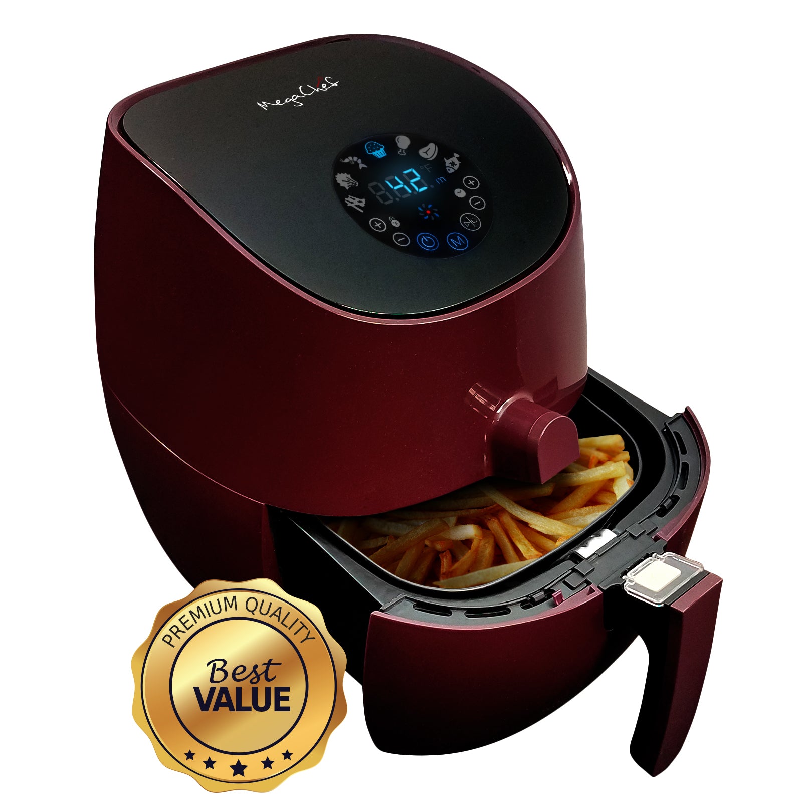 MegaChef 3.5 Quart Airfryer And Multicooker With 7 Pre-Programmed Settings in Burgundy.