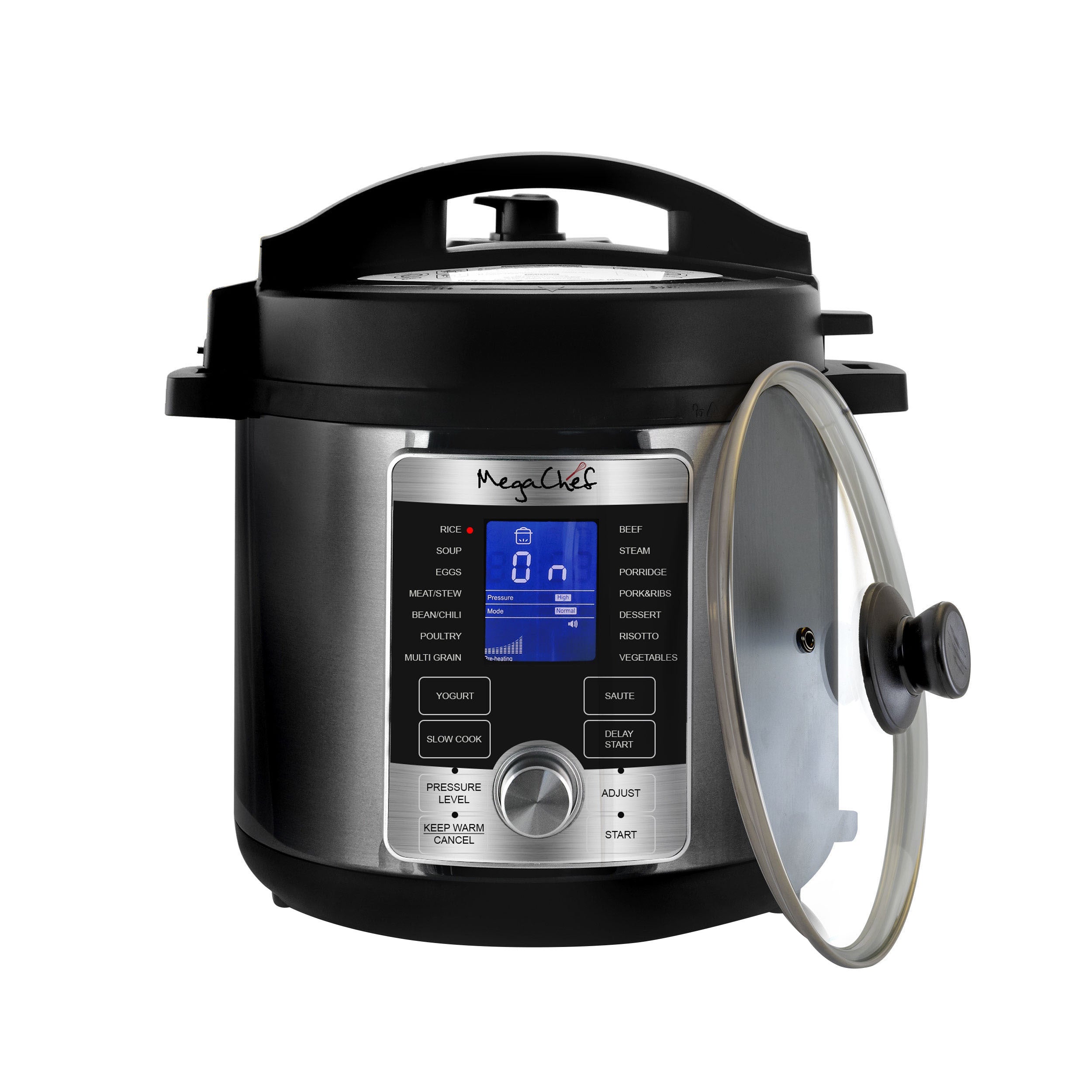 MegaChef 6 Quart Stainless Steel Electric Digital Pressure Cooker with Lid.