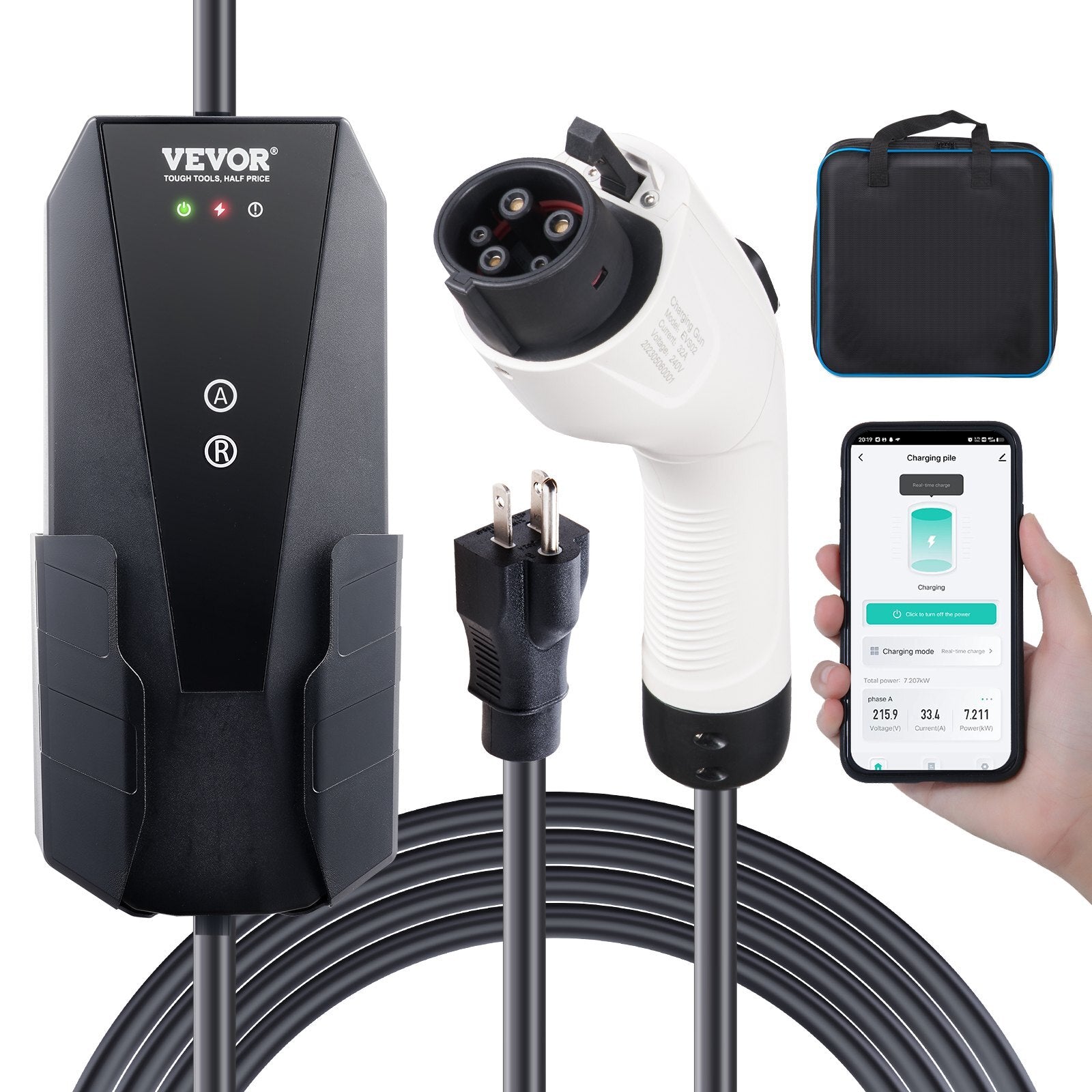 Level 1+2 Portable EV Charger, 16 Amp 120V or 240V, Electric Vehicle Charge.