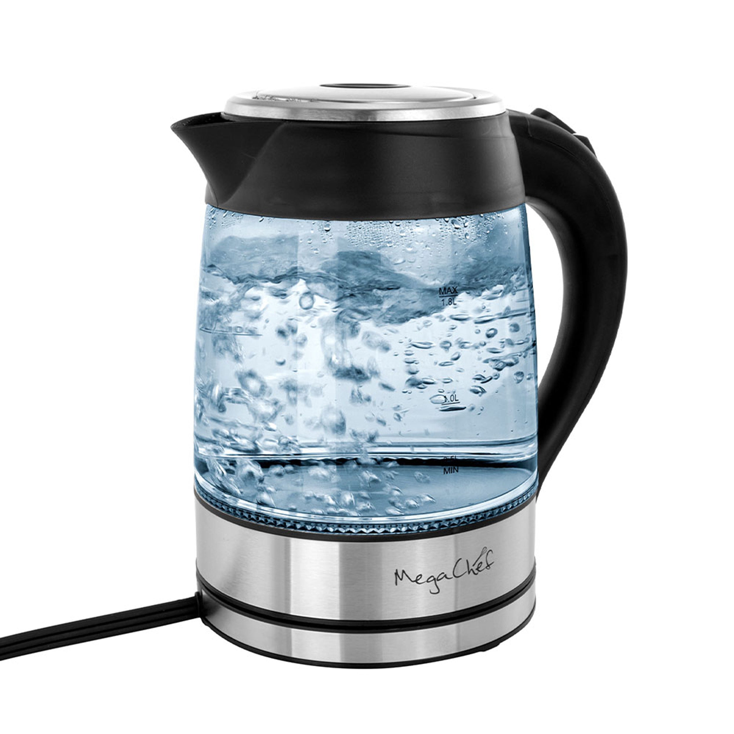 MegaChef 1.8Lt. Glass Body and Stainless Steel Electric Tea Kettle.