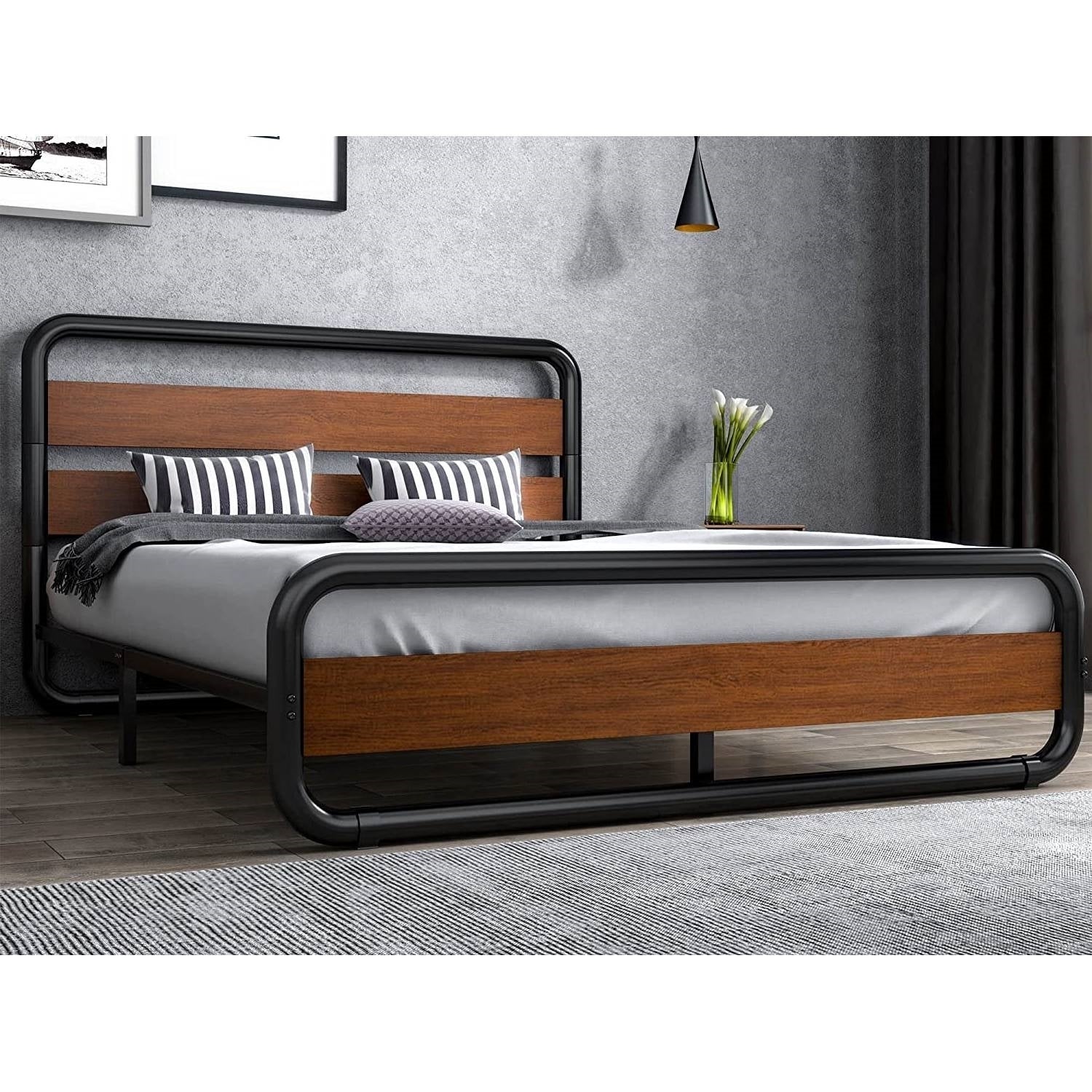 Queen Heavy Duty Modern Industrial Metal Wood Platform Bed Frame with Headboard.