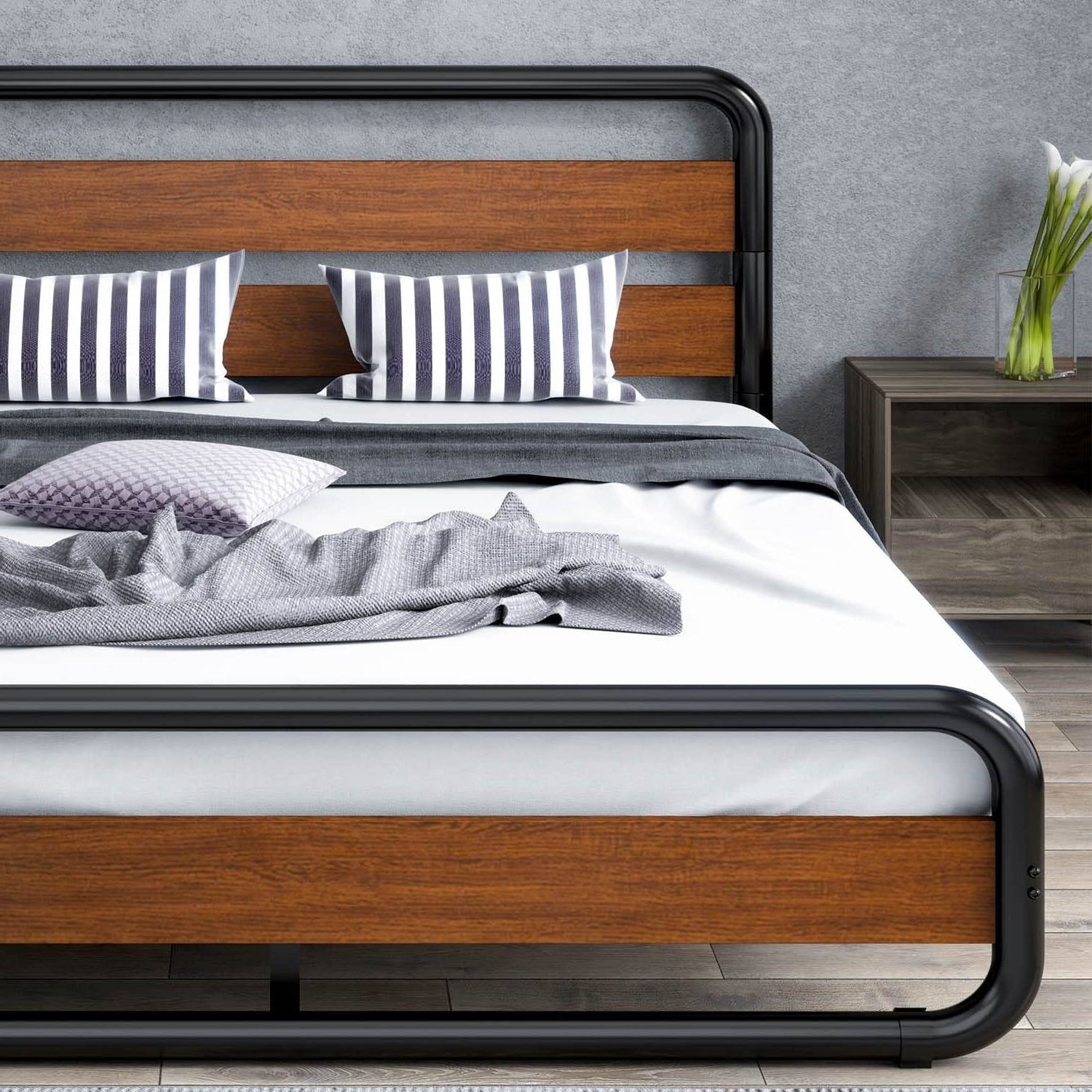 Queen Heavy Duty Modern Industrial Metal Wood Platform Bed Frame with Headboard.