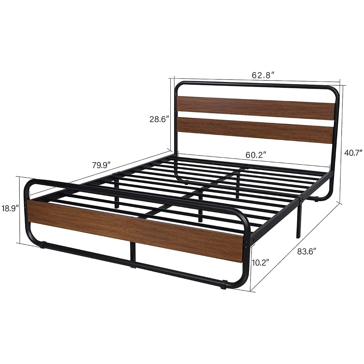 Queen Heavy Duty Modern Industrial Metal Wood Platform Bed Frame with Headboard.