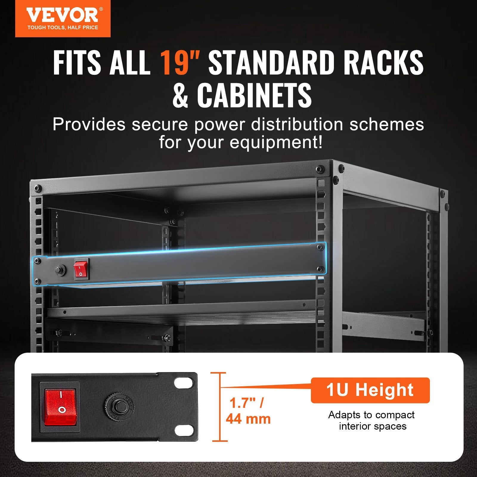 1U PDU, 8 Outlets, Rack Mount Power Strip Fits Standard 19" Server Racks, with Integrated Switch Surge Protection & Overload Protection, 110-125V/15A, Ideal for Home and Office.