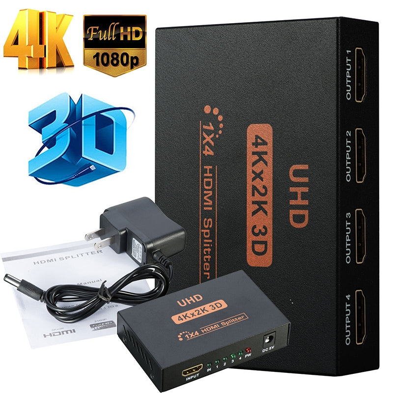 Ultra HD 4K 4 Port HDMI Splitter 1x4 Repeater Amplifier 1080P 3D Hub 1 In 4 Out AU plug.