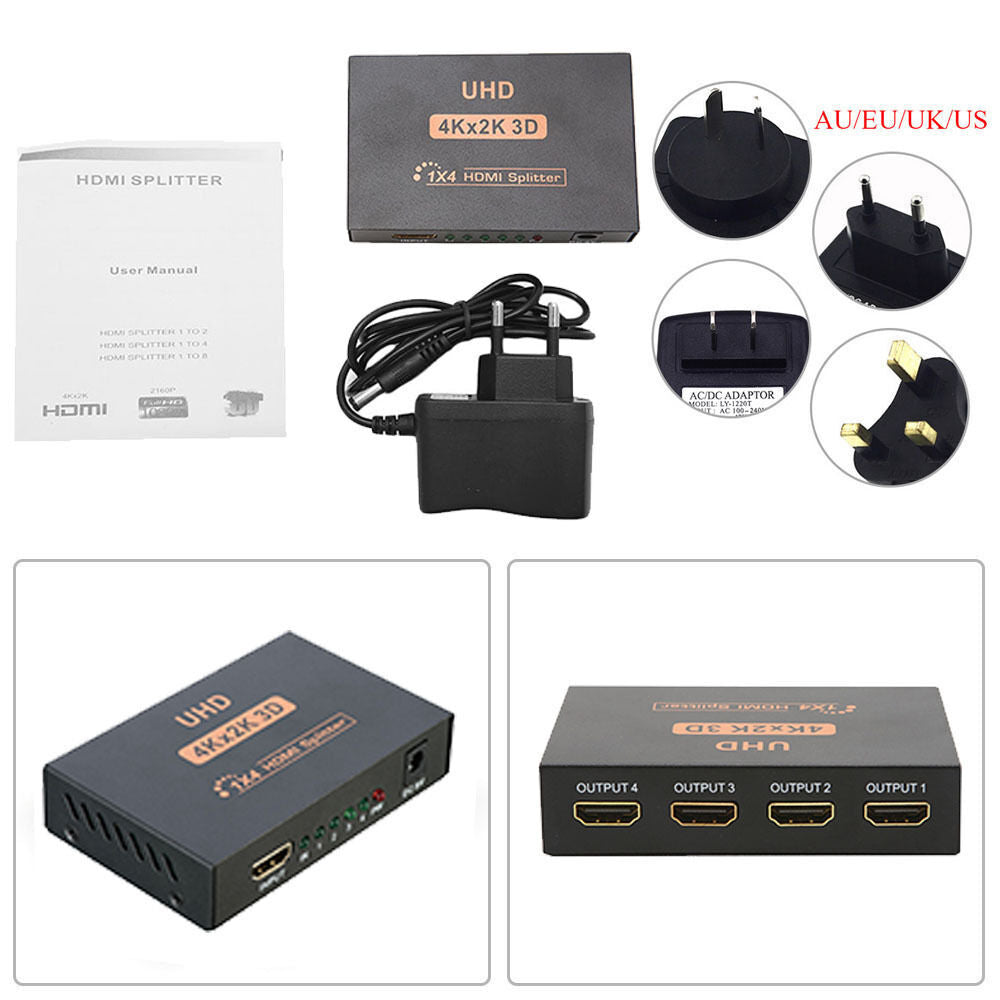 Ultra HD 4K 4 Port HDMI Splitter 1x4 Repeater Amplifier 1080P 3D Hub 1 In 4 Out AU plug.