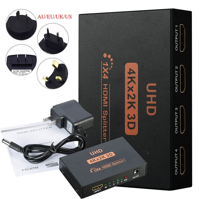 Ultra HD 4K 4 Port HDMI Splitter 1x4 Repeater Amplifier 1080P 3D Hub 1 In 4 Out AU plug.