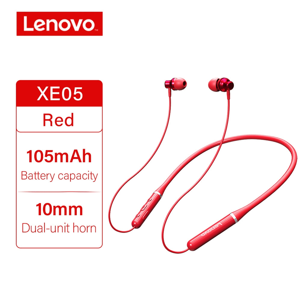 Original LENOVO XE05 Neck-type Bluetooth Headset Sports Waterproof Long Standby Earphones Red.