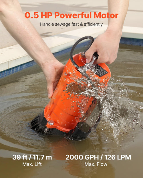 1/2 HP Submersible Trash Pump, 2000 GPH, 120V Cast Iron Submersible Sump Sewage Pump.