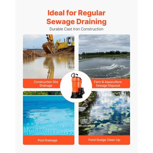 1/2 HP Submersible Trash Pump, 2000 GPH, 120V Cast Iron Submersible Sump Sewage Pump.