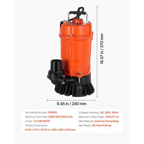 1/2 HP Submersible Trash Pump, 2000 GPH, 120V Cast Iron Submersible Sump Sewage Pump.