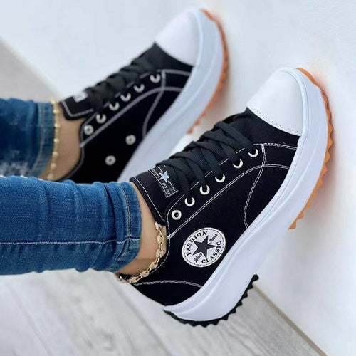 Flat Lace-Up Sneakers Pattern Canvas Casual Women Sport Shoes.