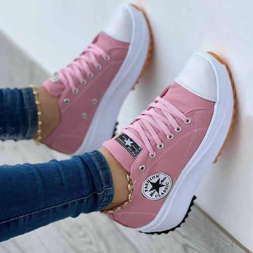 Flat Lace-Up Sneakers Pattern Canvas Casual Women Sport Shoes.