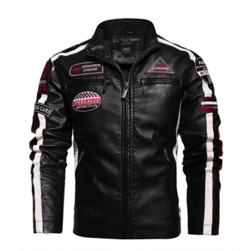 Mens Biker Vegan Leather Jacket With Badges.