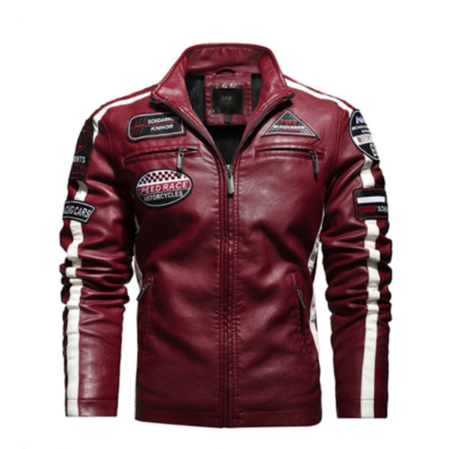 Mens Biker Vegan Leather Jacket With Badges.