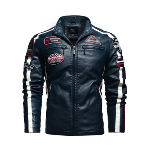 Mens Biker Vegan Leather Jacket With Badges.