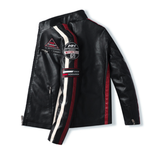 Mens Biker Vegan Leather Jacket With Badges.