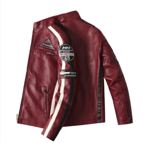 Mens Biker Vegan Leather Jacket With Badges.