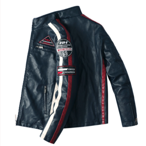 Mens Biker Vegan Leather Jacket With Badges.