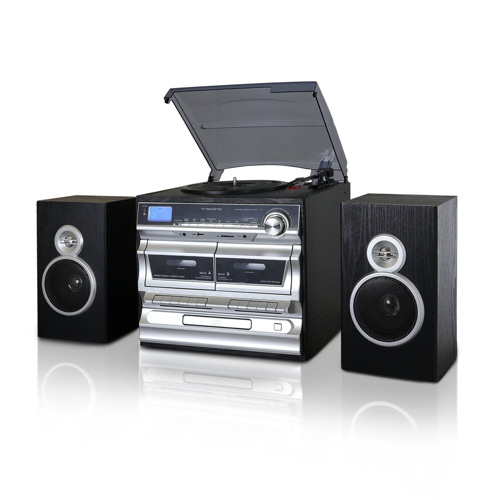 Trexonic 3-Speed Vinyl Turntable  Home Stereo System with CD Player, Double Cassette Player, Bluetooth, FM Radio & USB/SD Recording.