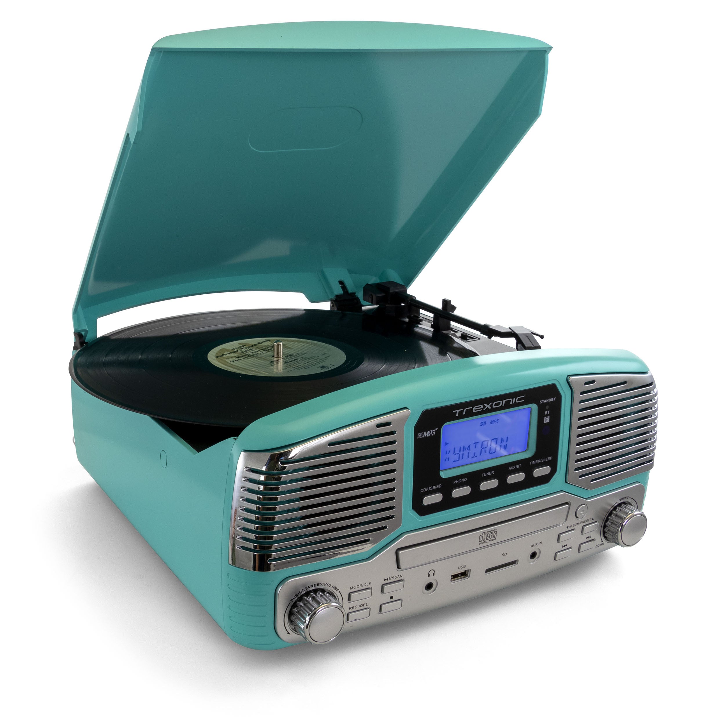 Trexonic Retro Wireless Bluetooth, Record and CD Player in Turquoise.