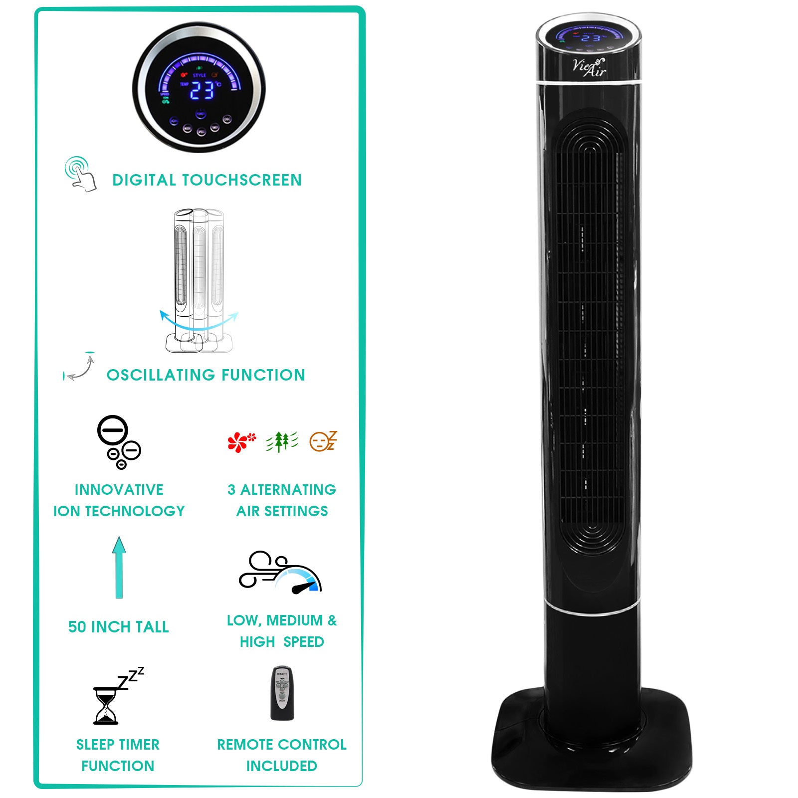 Vie Air 50 Inch Luxury Digital 3 Speed High Velocity Tower Fan with Fresh Air Ionizer and Remote Control in Black.