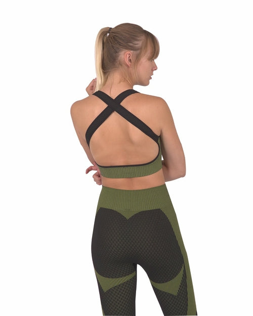 Trois Seamless Sports Bra - Black with Green.