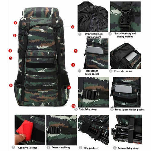 Waterproof Outdoor Camping 70L Military Backpack.
